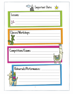 A page of a practice planner with sections to fill out for young singers