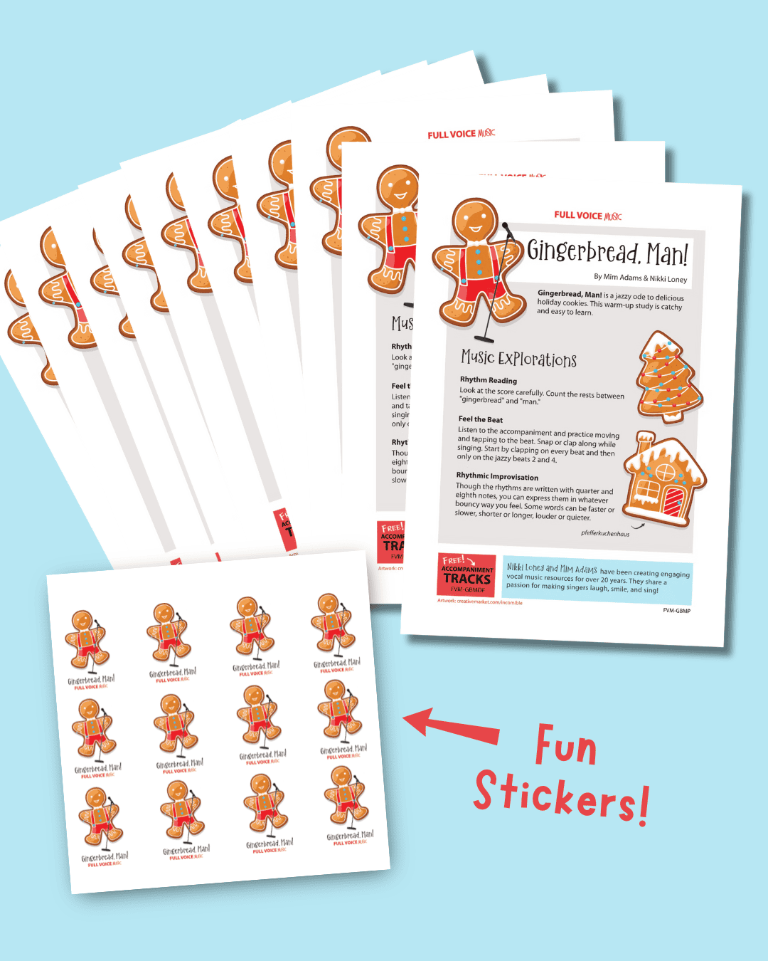 a pile of ten song prints and a page of gingerbread man stickers