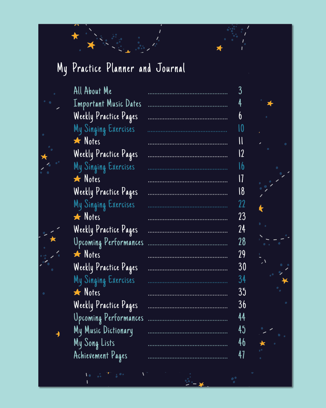 Table of Contents from Space Cats practice planner