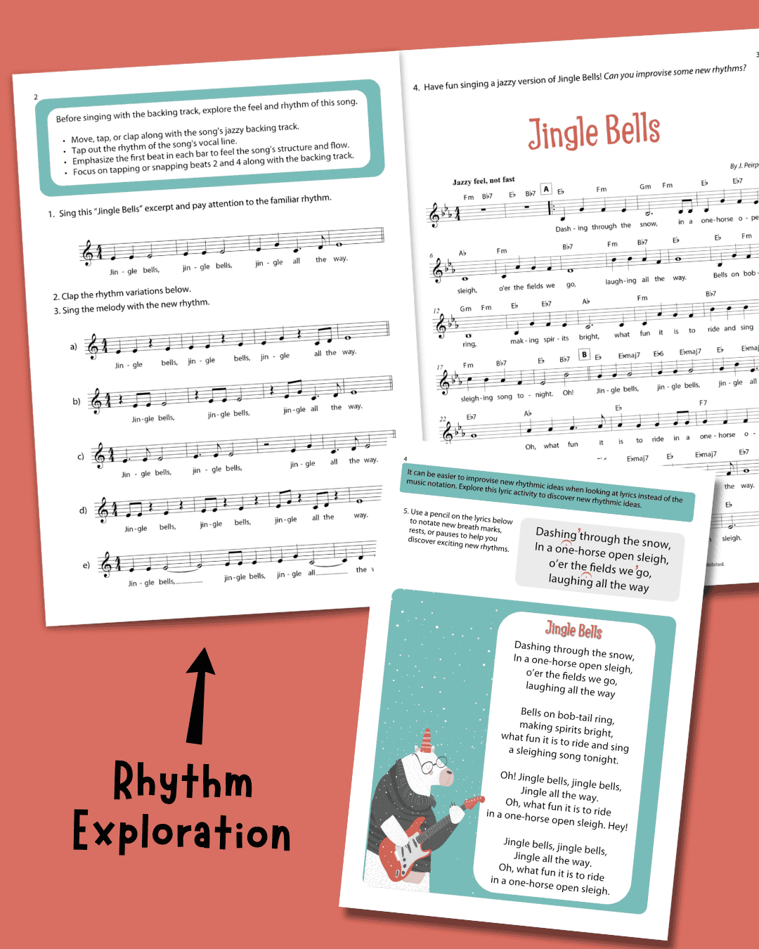Inside pages of Jingle Bells (Print) with rhythm exercises and the song lead sheet, and the final page showing the lyrics