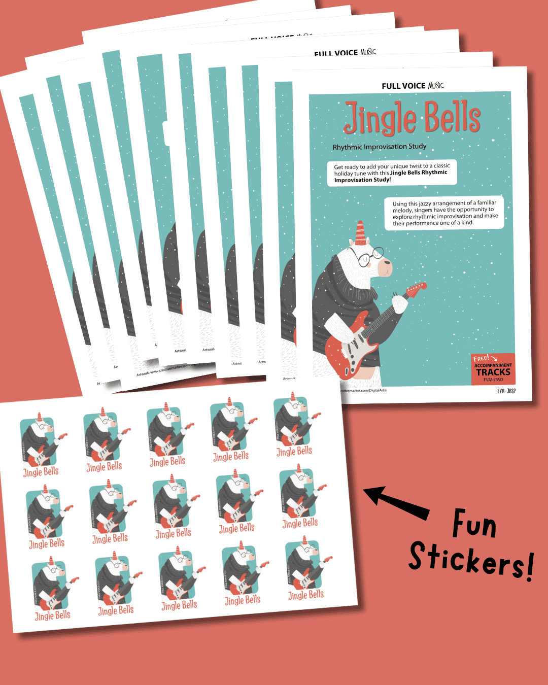 a pile of 10 Jingle Bells (Print) songs and an image of Jingle Bells stickers