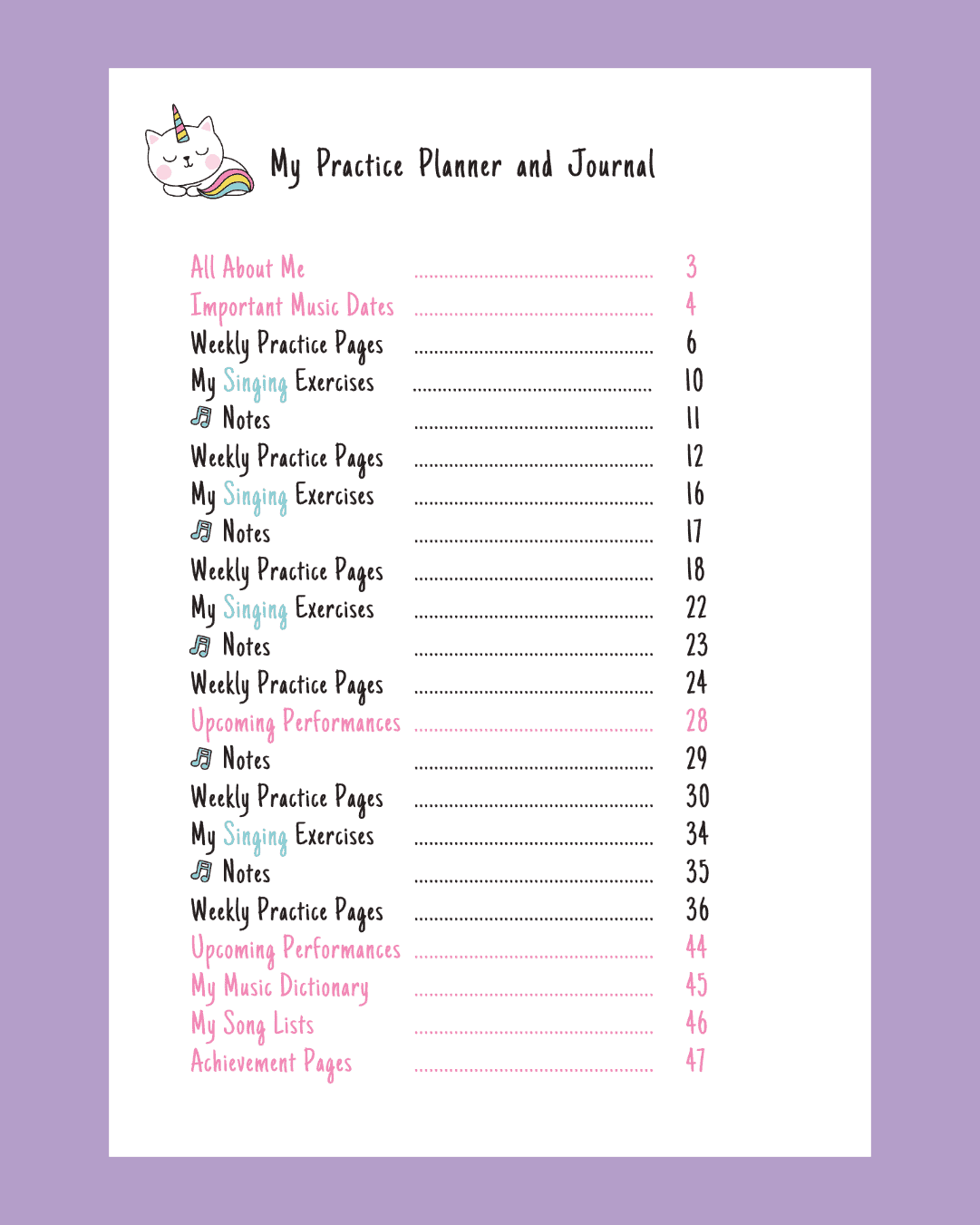 Table of Contents from Kitty Unicorn Practice Planner