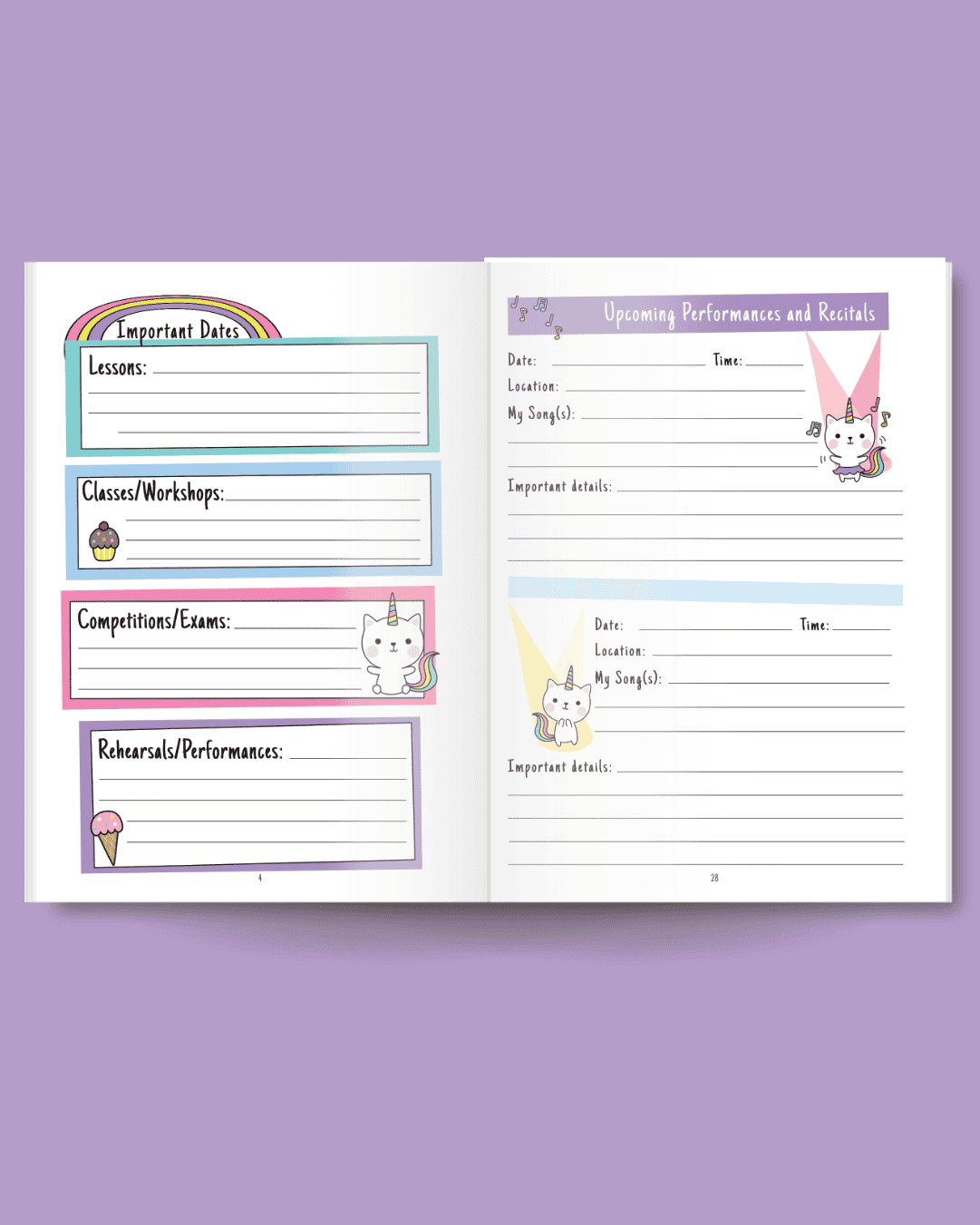 an Important Dates page and Upcoming Performances and Recitals page from the Kitty Unicorn Practice Planner