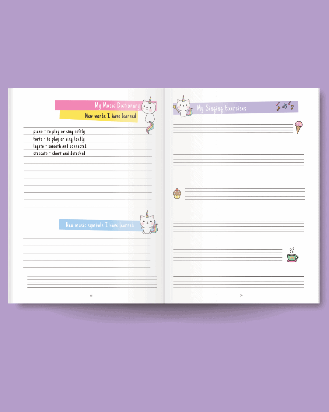 A page for writing music terms and symbols and a page for writing singing exercises on the staff