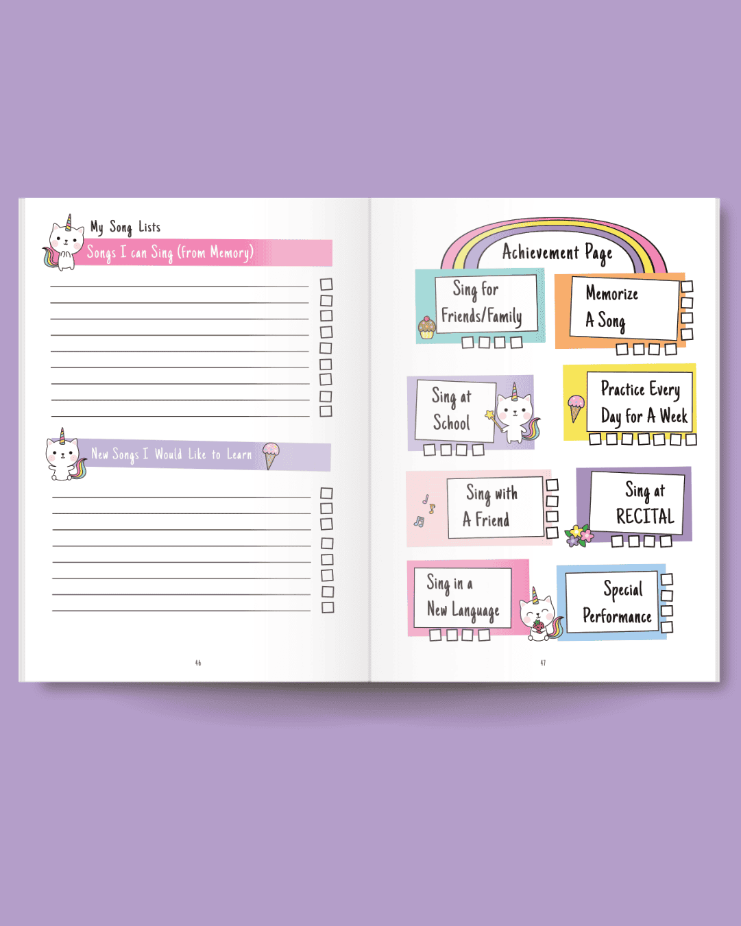 My Song Lists page and Acheivement Page from Kitty Unicorn Practice Planner