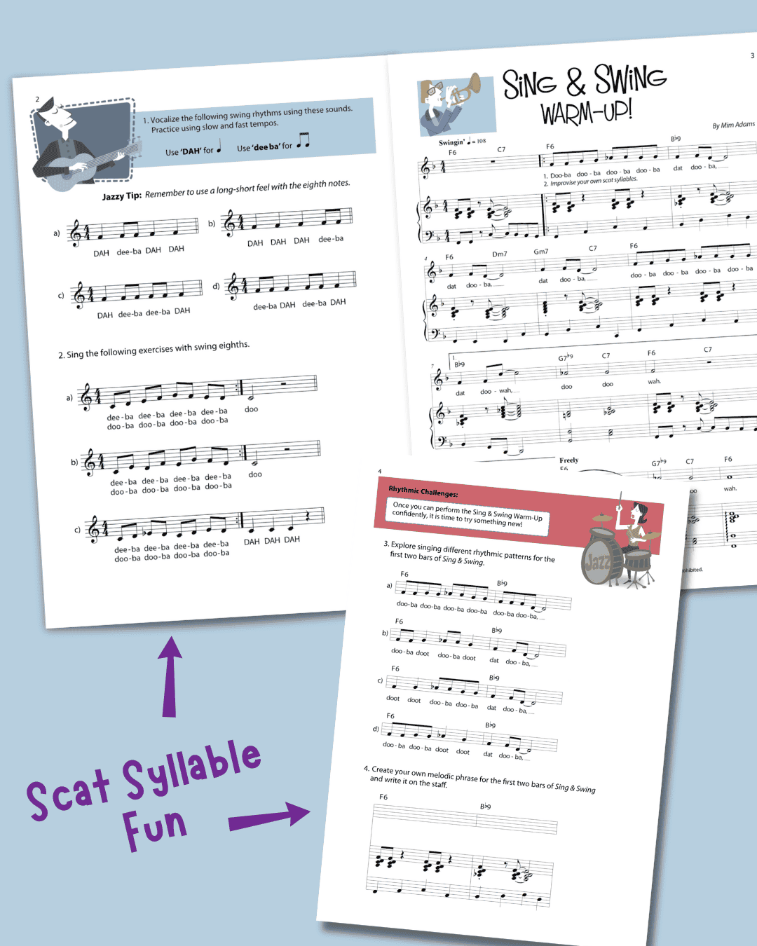 The inner pages of Sing and Swing Warm-Up (Print) showing scat syllable exercises and sheet music for the song, also the final page with additional scat exercises.