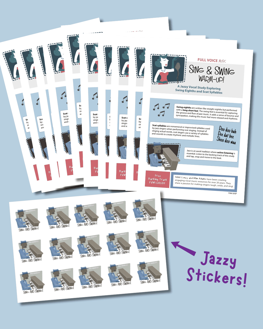 a pile of 10 Sing and Swing Warm-Up (Print) songs and the stickers that accompany the package