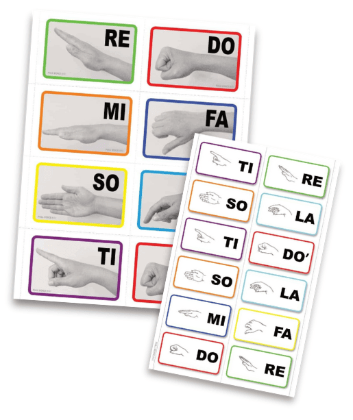 medium and small-sized solfege flashcards with images of the handsigns and text of the syllable