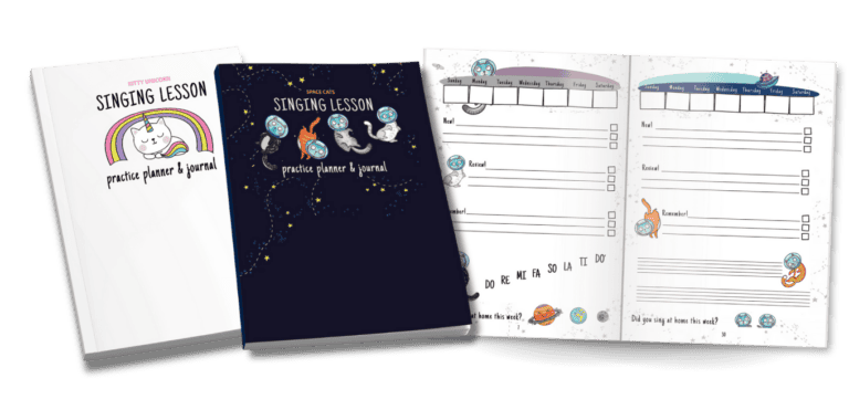 covers of two singing planners, kitty unicorn and space cats. an open book showing two pages of weekly practice tasks.