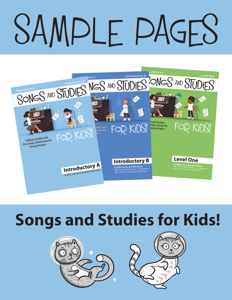 Sample Pages for Songs and Studies for Kids! series, showing covers of Introductory A, Introductory B, and Level One