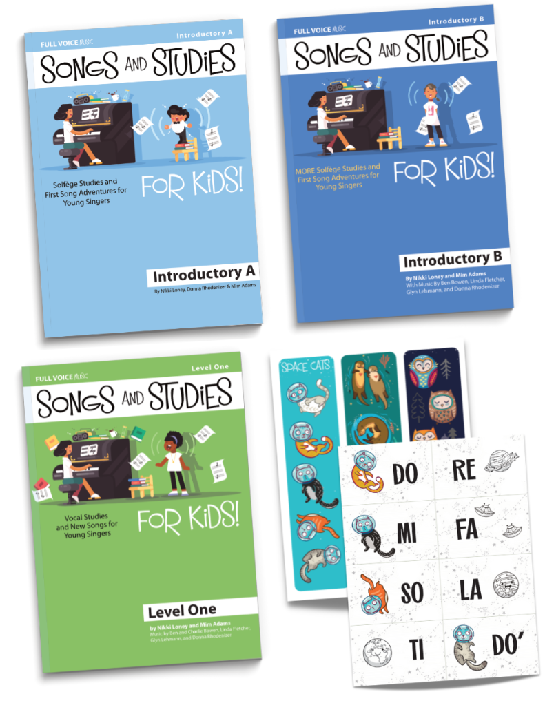 The covers of three books: Introductory A, Introducotry B, and Level One. Also a page of stickers and a page of space cat solfège flashcards.