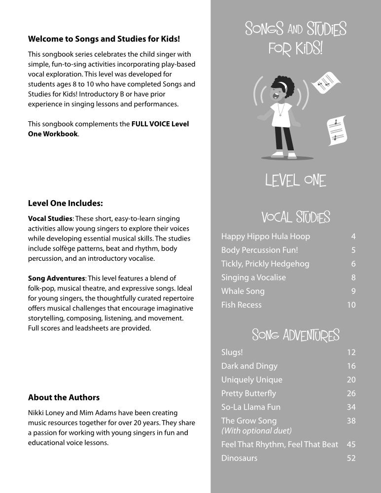 Songs and Studies for Kids! Level One PDF Download product image - table of contents and info about Level One