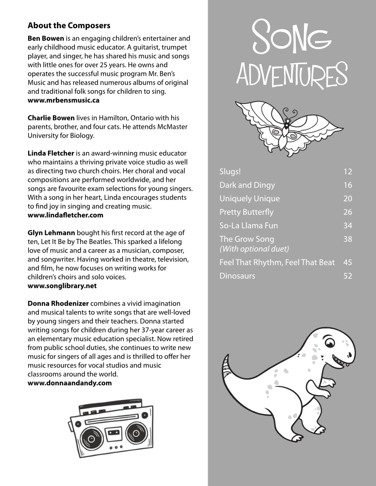 Songs and Studies for Kids! Level One product image - songs Table of Contents and About the Composers