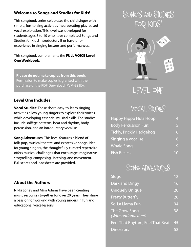 Songs and Studies for Kids! Level One product image - table of contents and info about Level One