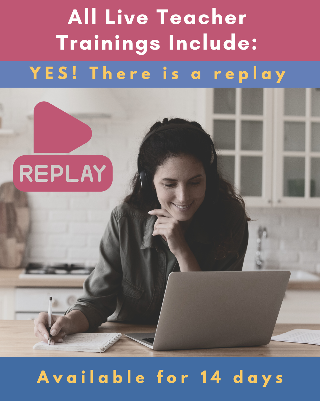 image of a teacher listening at her laptop and taking notes. Text says All Live Teacher Trainings include: Yes! There is a replay, available for 14 days.