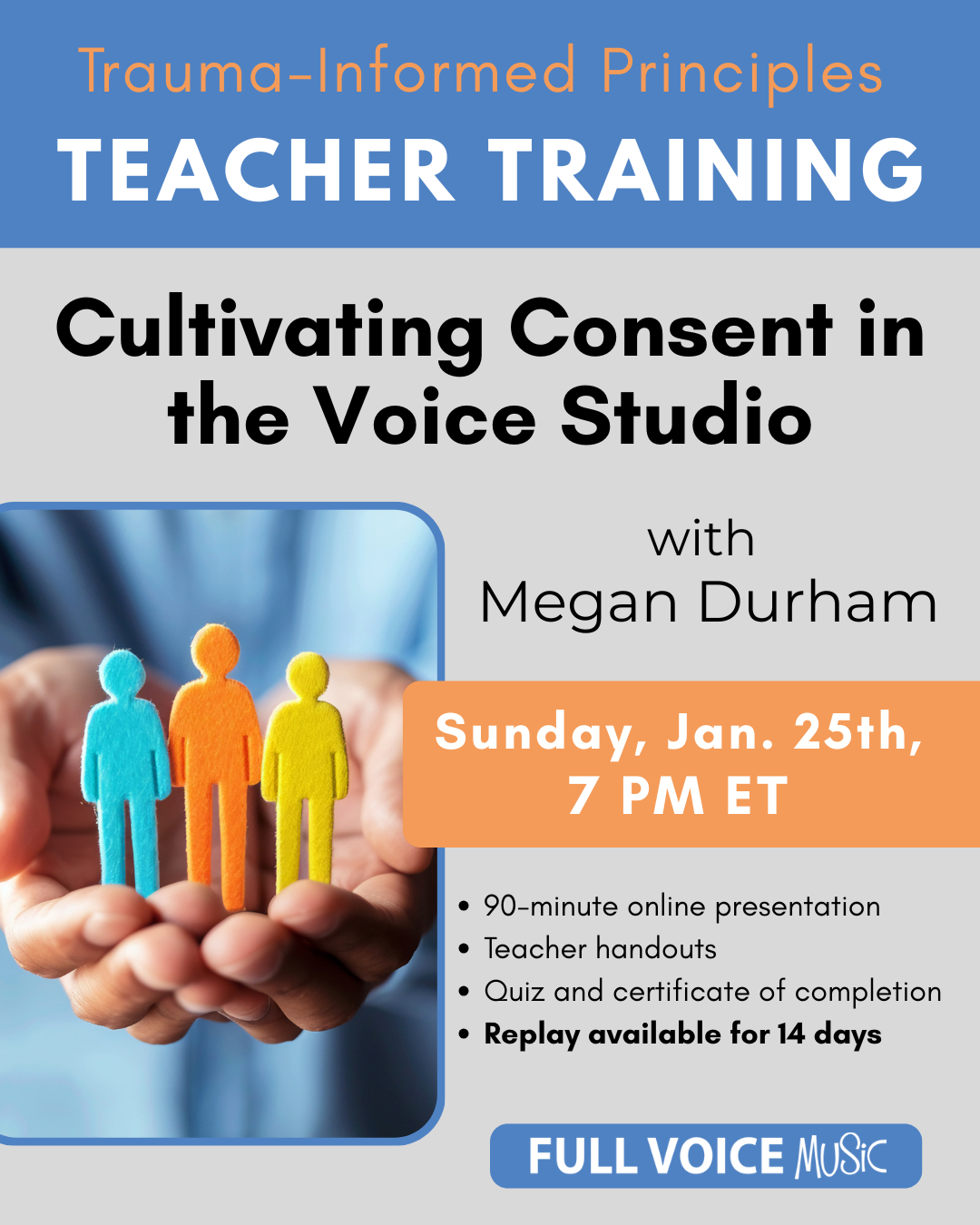 a hand holding three figures of young people