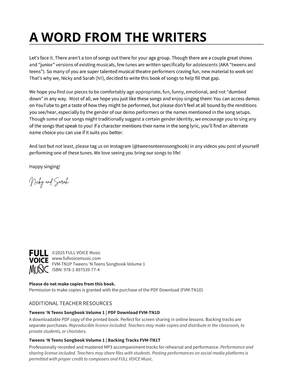 Inside page showing "A Word From the Writers", copyright, licensing, and additional resources information.