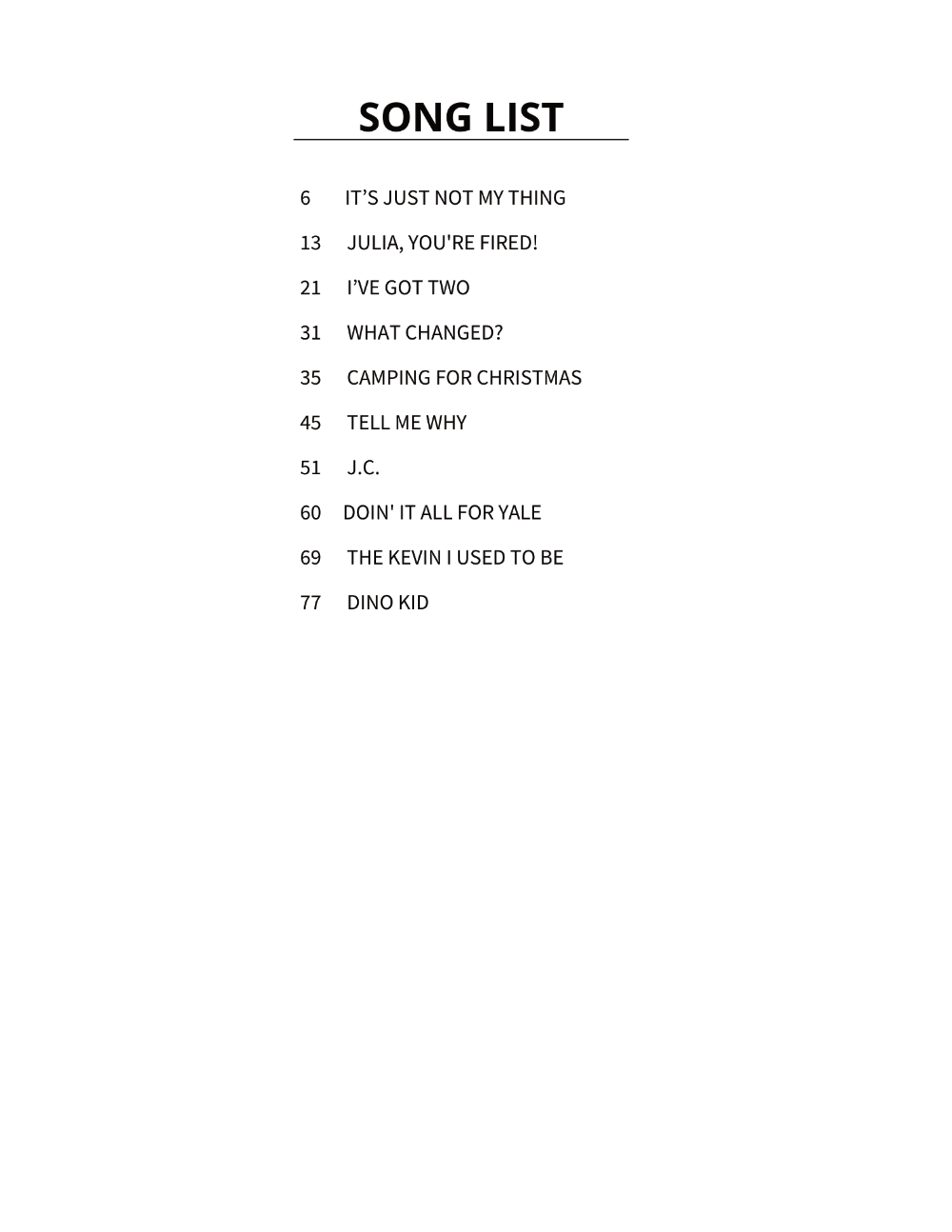 The Song List table of contents