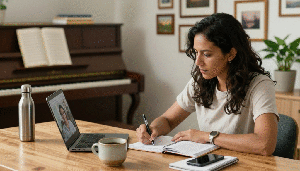 Woman studying with a laptop at a table