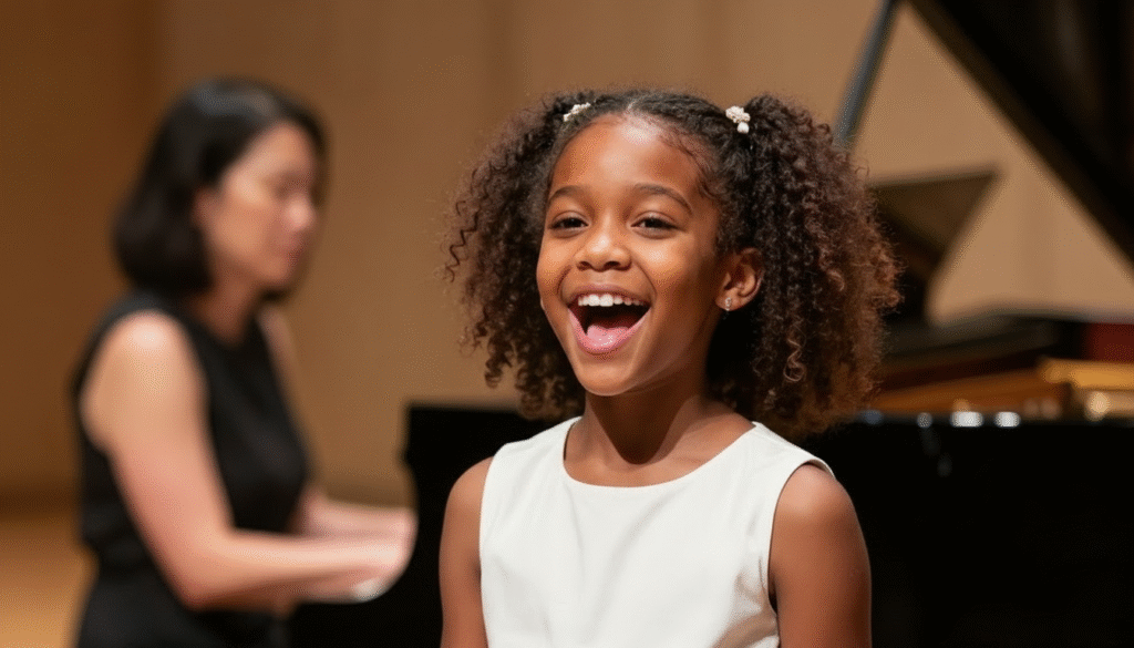 Girl singing with teacher in the background playing the piano