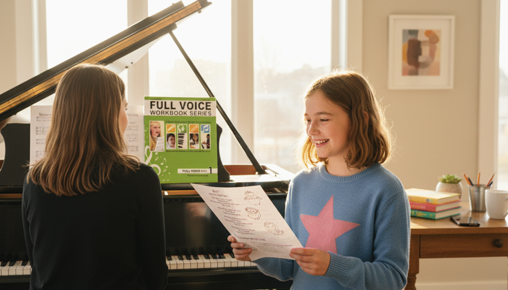 Teacher with piano in room