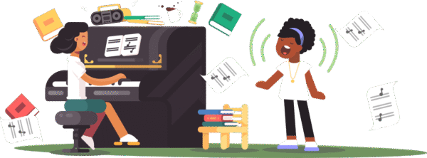 Piano teacher with girl singing illustration